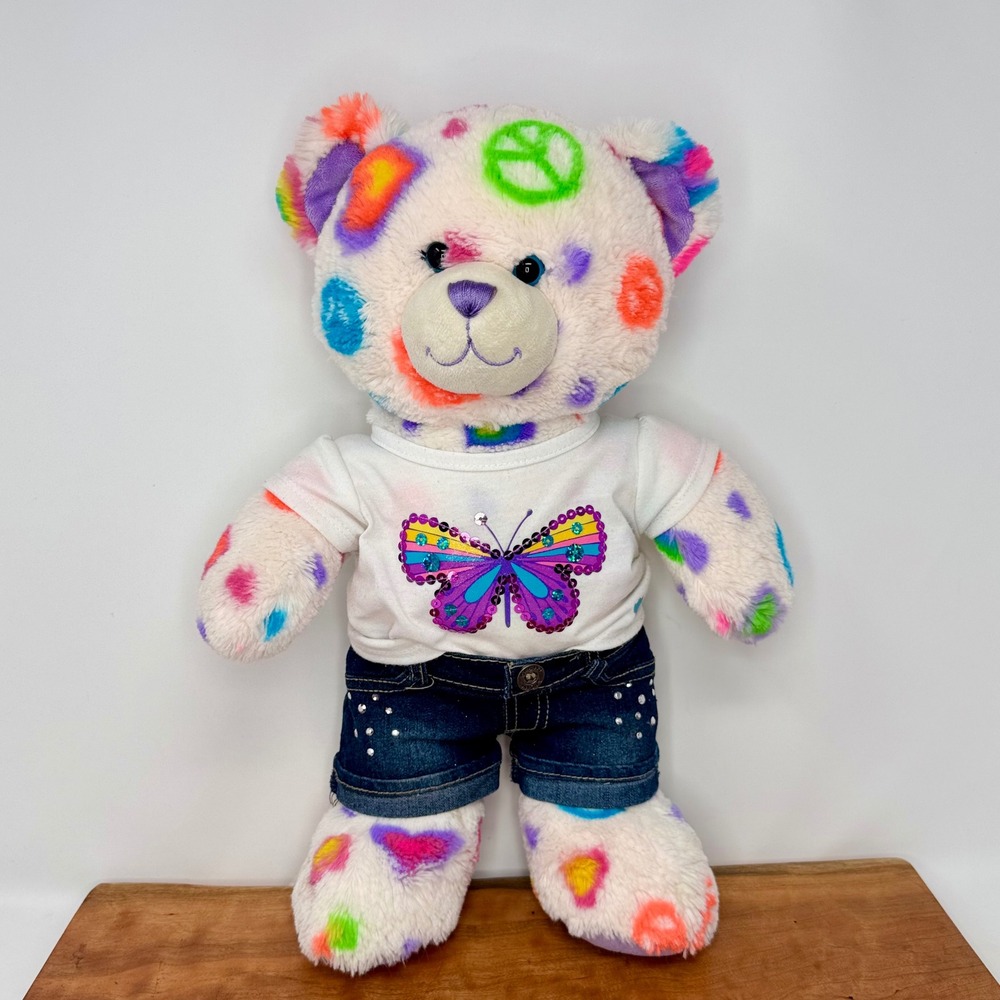 Build-A-Bear Peace & Love Plush Rainbow Heart Y2K Butterfly & Jean Shorts Outfit